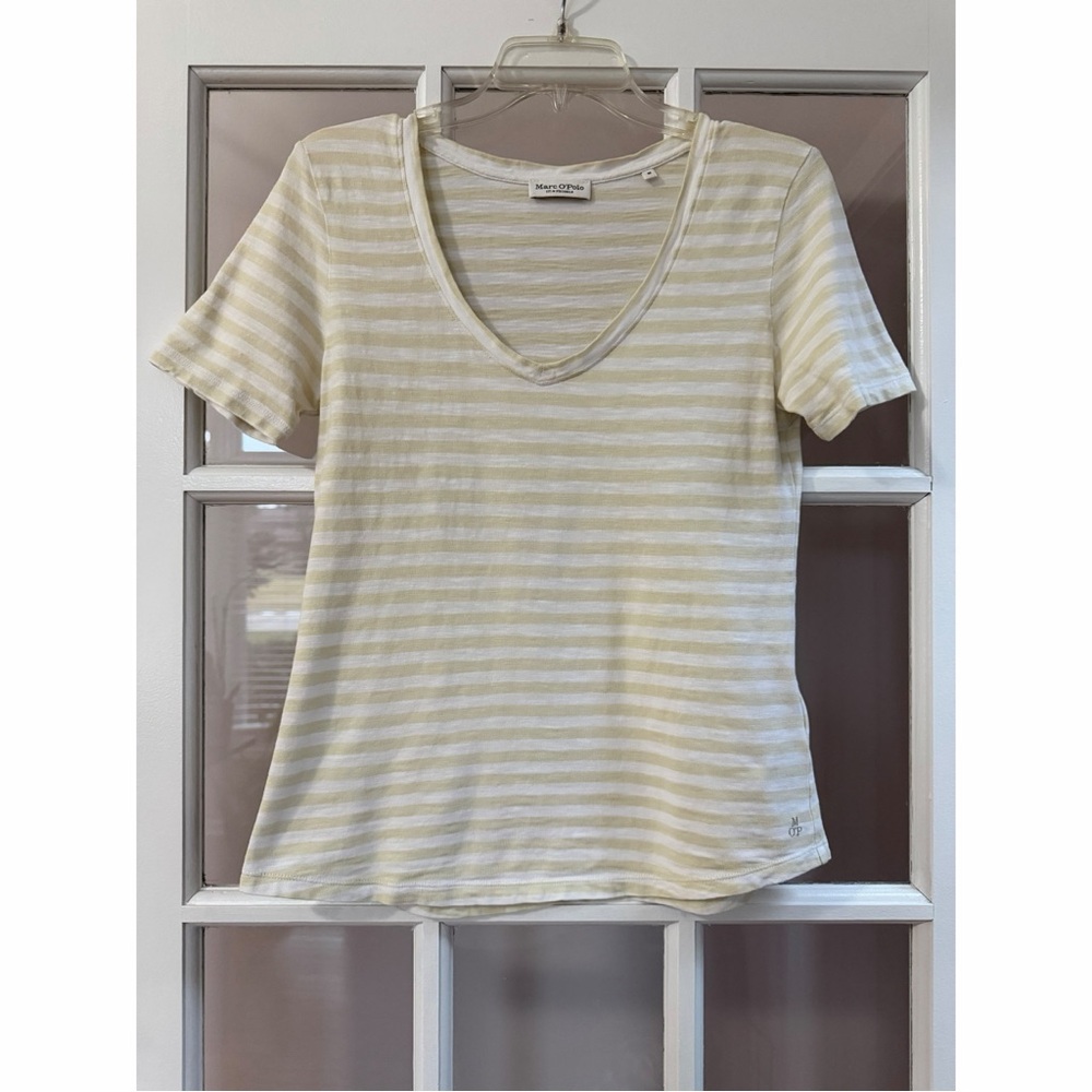Marc O’Polo Beige & White Striped V-Neck T-Shirt